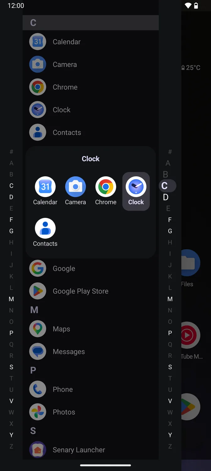 The Quickdrawer in the dark theme: an alphabetical app list with an A to Z rail down each side, and a panel showing the five apps filed under C as a grid, with Clock highlighted under the finger.