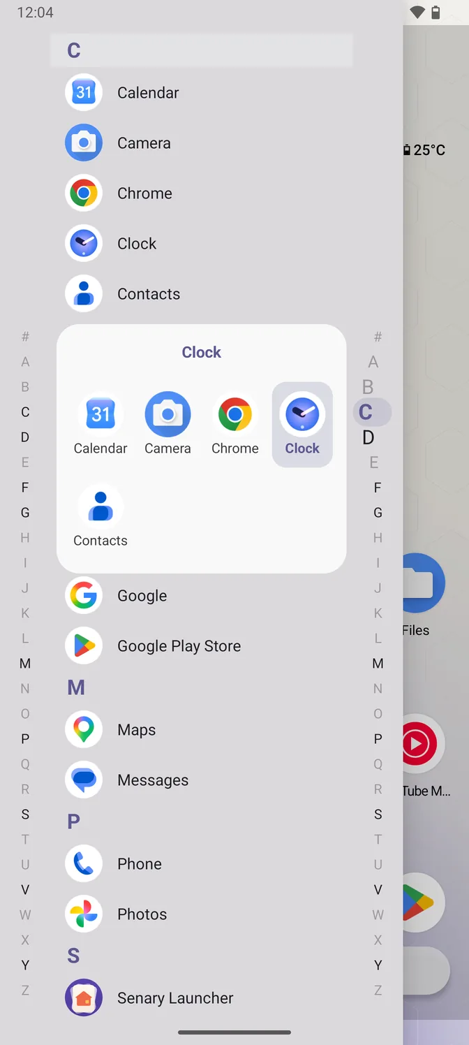 The Quickdrawer in the light theme: an alphabetical app list with an A to Z rail down each side, and a panel showing the five apps filed under C as a grid, with Clock highlighted under the finger.