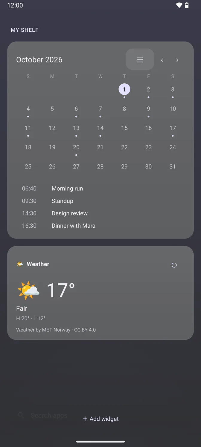 The Shelf in the dark theme: a September month calendar with dots on the days that have events, today's four appointments listed underneath, and a weather card reading 19 degrees, partly cloudy.