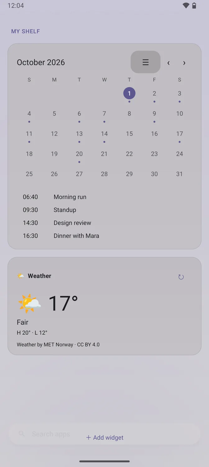 The Shelf in the light theme: a September month calendar with dots on the days that have events, today's four appointments listed underneath, and a weather card reading 19 degrees, partly cloudy.