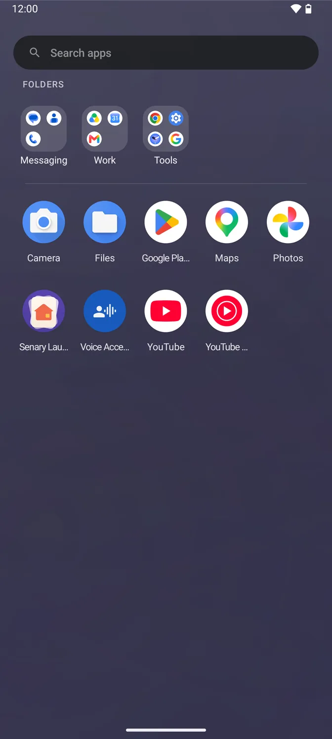 The app drawer in the dark theme: a row of three folders called Messaging, Work and Tools, above a short A to Z grid holding the eight apps that are not in one of them.