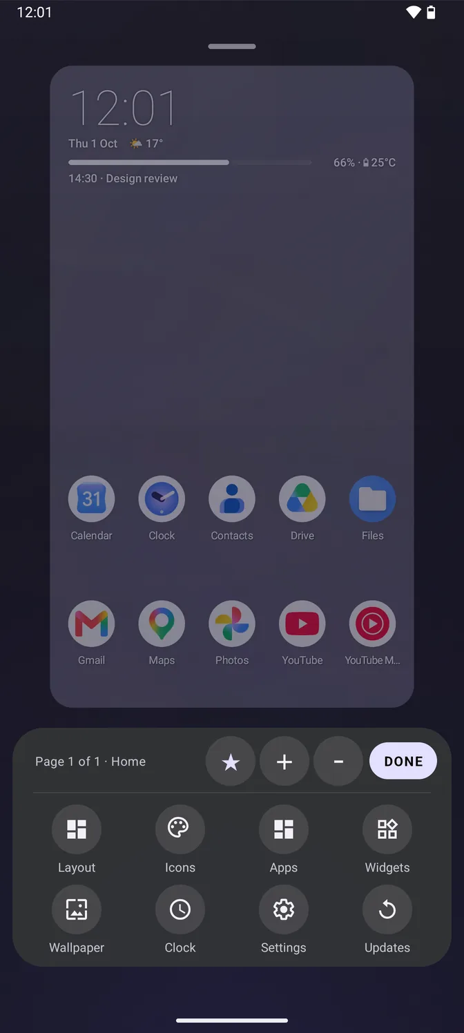 The home editor in the dark theme: a live miniature of the home screen above a panel of round buttons labelled Layout, Icons, Apps, Widgets, Wallpaper, Clock, Settings and Updates.