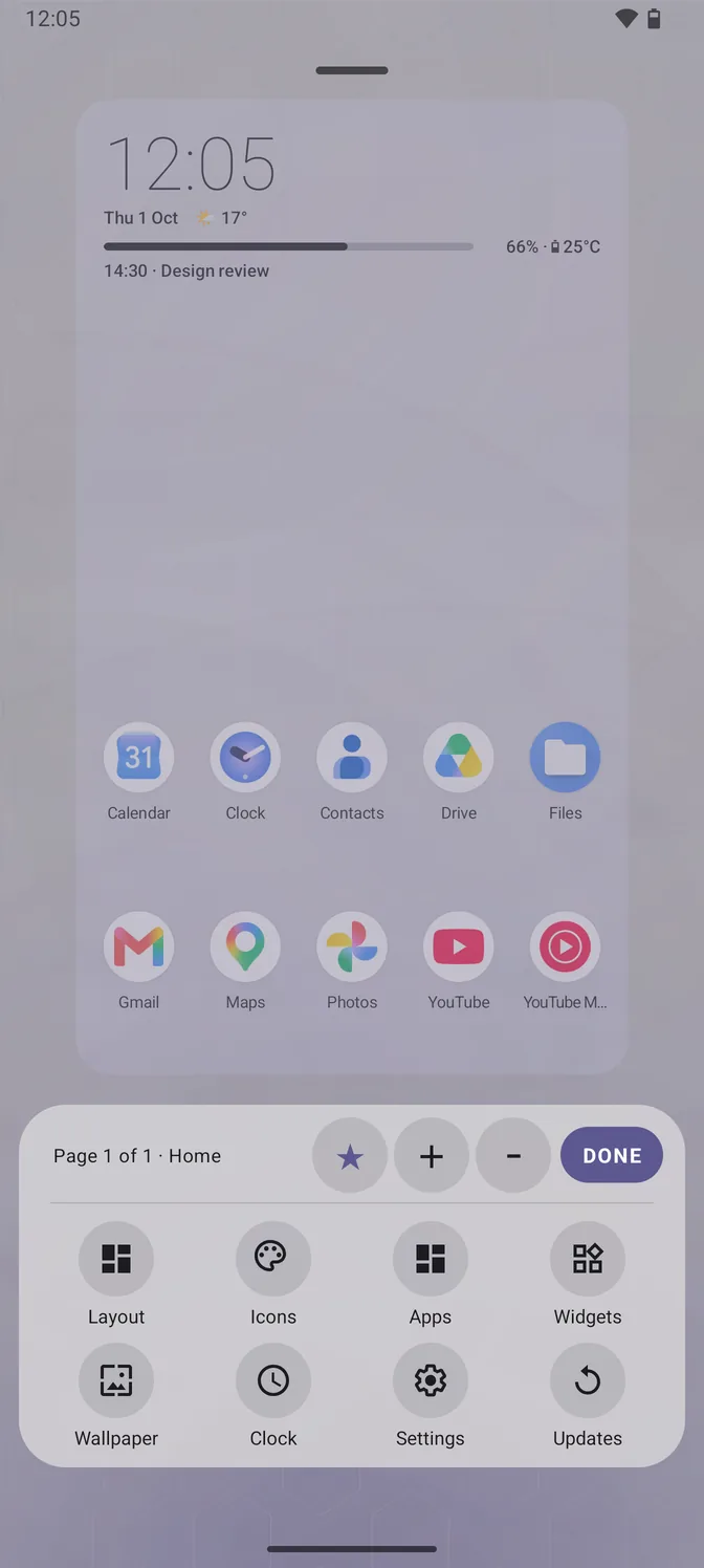 The home editor in the light theme: a live miniature of the home screen above a panel of round buttons labelled Layout, Icons, Apps, Widgets, Wallpaper, Clock, Settings and Updates.